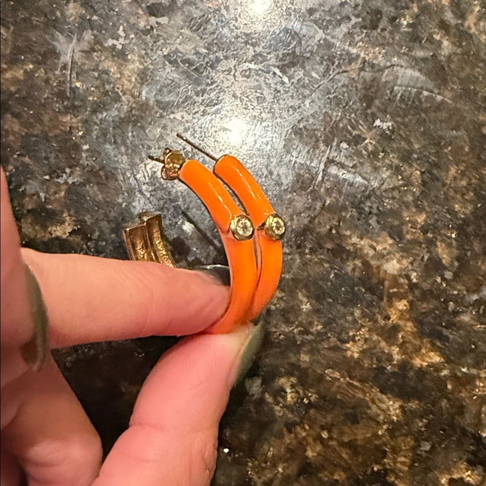 Orange Enamel Hoop Earrings BRAND NEW Gold and CZ Stud Post Accent - BRAND NEW
